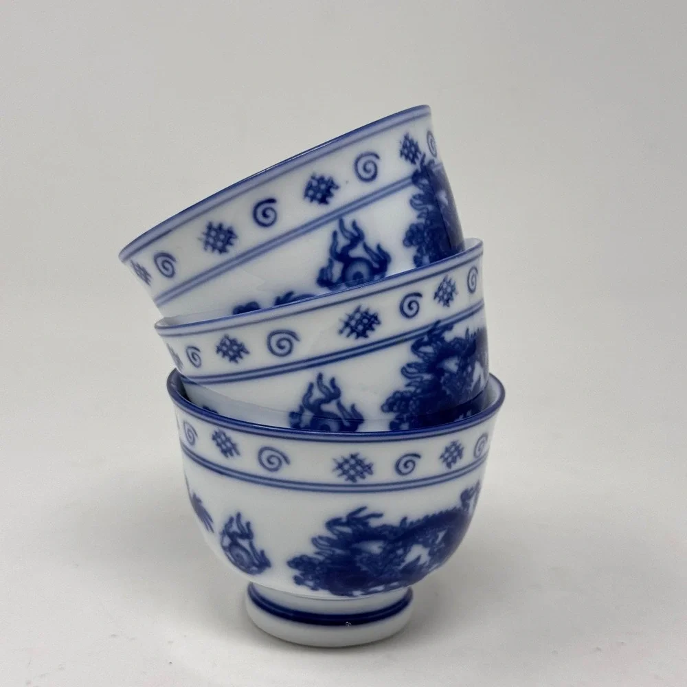 Set of 3 Blue & White Porcelain Dragon Bowls